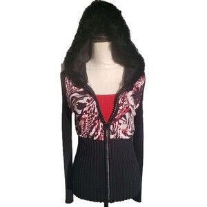 Belldini Black/Red Ribbed Knit Zebra ZipUp Sweater Fur Hoodie & Silk Tank Sz S